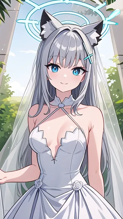 shiroko_bluearchive,beast ears,looking at viewer, little smile,pure white wedding dress, wedding ceremony, slim, dizzy, big-chest, wide hips, perfect waist, day atmosphere, hair ornament, standing, upper body,