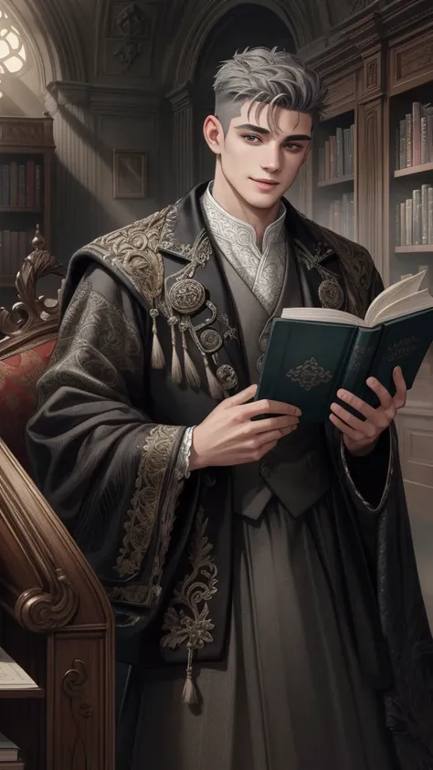 (Absurdres, Intricate Details, Masterpiece, Best Quality, High Resolution, 8k), 1 male, masculine, young, aged up, dreadful, finely detailed eyes and face, gray short back and sides hair, black eyes,  portrait,  looking at book, solo, (full body:0.6), deta...