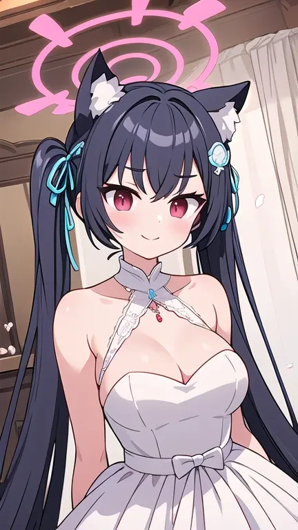 serika_bluearchive,cat ears,looking at viewer, little smile, wedding dress, wedding ceremony, slim, dizzy, big-chest, wide hips, perfect waist, day atmosphere, hair ornament, standing, upper body,