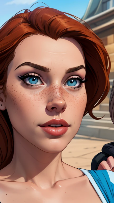 Beautiful GTa style pose in portrait mode Cartoon character in dynamic pose two women together with freckles on their faces Disney princess Queen Anna of Arendelle with 1,60cm on the left and along with a symmetrical body and beautiful breasts, corpo bem d...