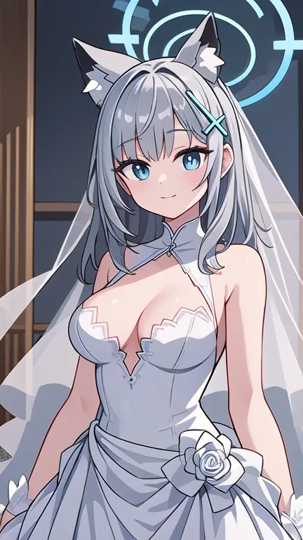 shiroko_bluearchive,beast ears,looking at viewer, little smile,pure white wedding dress, wedding ceremony, slim, dizzy, big-chest, wide hips, perfect waist, day atmosphere, hair ornament, standing, upper body,