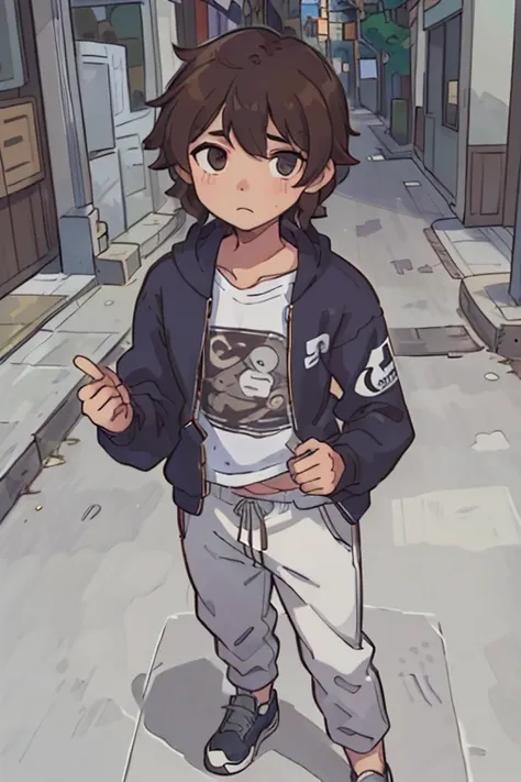 (mejor calidad:0.8) perfect anime illustration, un guapo, Man with short curly brown hair on the city street, usando una sudadera con capucha, un buzo de pantalon