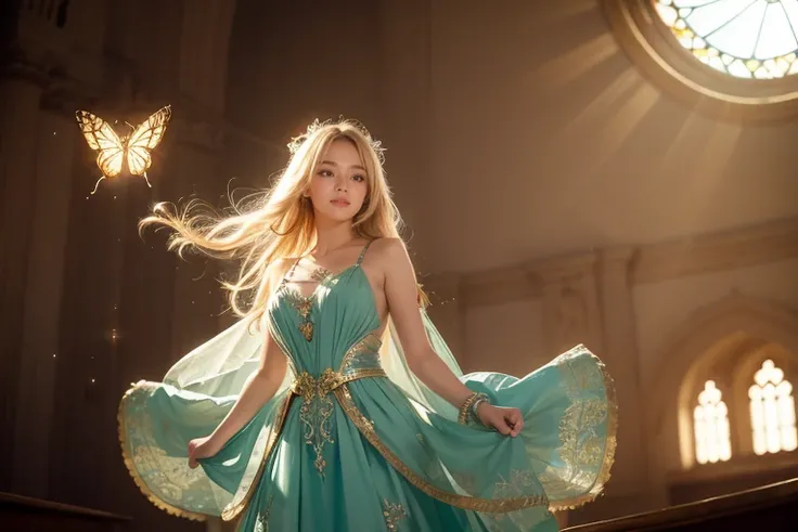 1 girl, masterpiece, very detailed, ((cinematic lighting)), (shine), ((dramatic lighting)), ((beautiful delicate shine)), intricate details, Lens flare, blonde, long hair, colorful dresses, butterfly hair ornament, butterfly, (particles of light), turn you...