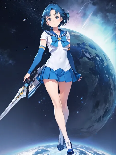 (masterpiece), (highest quality), Realistic, Cinematic Light, Mizuno Ami, Sailor Mercury, stand, Battlefield Background, Perfect body, Blue Hair, uniform  