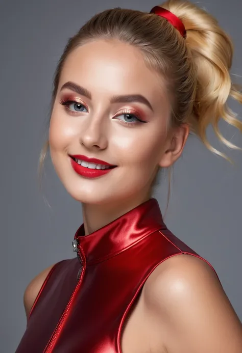 hyperrealistic beautiful busty 18-year-old women in ultra shiny metallic red jumpsuit, model shooting full body photography, dyed blonde low bun, dark eye makeup with eyeliner, seductive smile, 8K, best quality, Meisterwerk, ultra high resolution, (Realism...