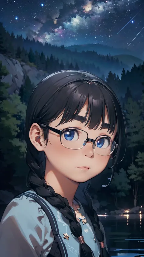 8K quality,(super masterpiece:1.3),highest quality,Detailed Images,1 female,symmetrical beauty,20th Generation,Medium build(Black Hair,Curly Hair,With bangs,Two braids),(Thick eyebrows,Thick eyebrows),(Rimless Glasses,Thin-rimmed glasses,Small glasses),(Bl...