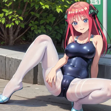 best quality, ultra-detailed masterpiece, anime art style, cute characters, nino nakano, one-piece swimsuit, large breasts, pantyhose, blush, smile, pussy focus