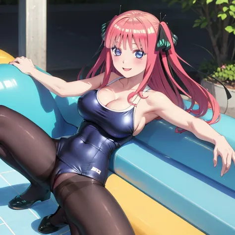 best quality, ultra-detailed masterpiece, anime art style, cute characters, nino nakano, one-piece swimsuit, large breasts, pantyhose, blush, smile, pussy focus