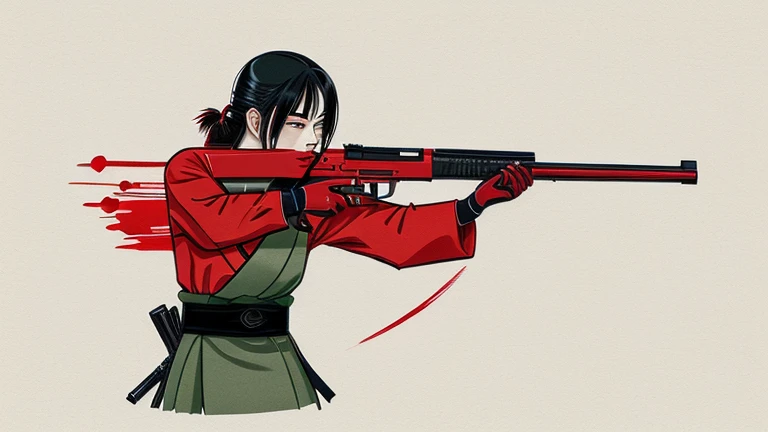 Japanese style illustration,night,Armed with a shotgun,red,Dark Green