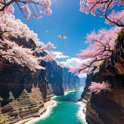 Could you create for me an image in Black dragon flying over a canyon leading to the sea starting from rain on the edges of the canyon a cherry tree. 