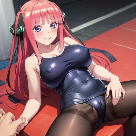 best quality, ultra-detailed masterpiece, anime art style, cute characters, nino nakano, one-piece swimsuit, large breasts, pantyhose, blush, smile, pussy focus