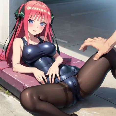 best quality, ultra-detailed masterpiece, anime art style, cute characters, nino nakano, one-piece swimsuit, large breasts, pantyhose, blush, smile, pussy focus