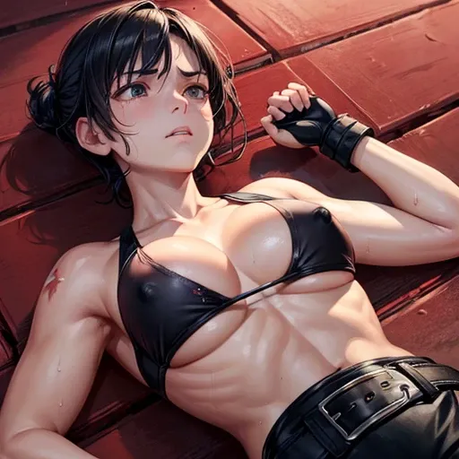 Beautiful female fighters. She is lying face down in the octagon. Out of breath with her mouth open. She looks exhausted. Wounded all over. They are very sweaty. Torn and tattered tank top and spats, open finger gloves. Erect pink nipples. Short-cut black ...