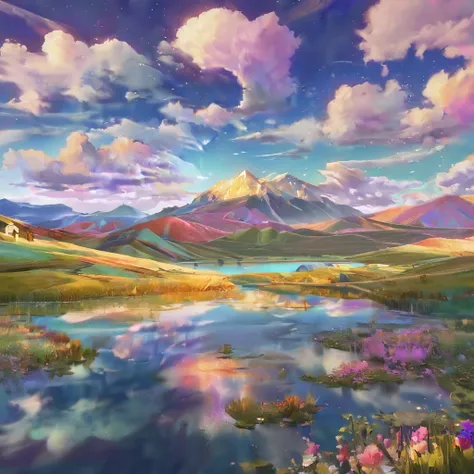 Colorful,Dreamy landscape, cloud, light piercing through the cloud, Reflection on the surface of the water, Calm spring,flower々,Quiet atmosphere, Richness in details, Surreal beauty, Magical Aura, Fantasy Landscape, High quality digital art, Vibrant colors...