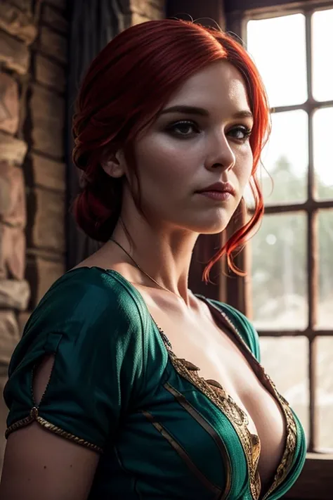 score_9, score_8_up, score_7_up, score_6_up, score_5_up, 1girl, Triss, Game of Thrones, tight green dress, red hair, (insanely detailed, beautiful detailed face, masterpiece, best quality) 