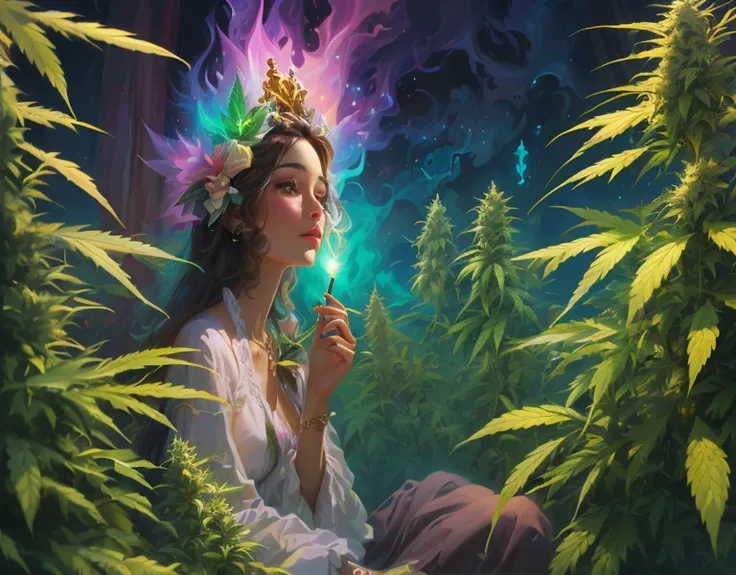 cuadro de una mujer con una corona de flores soplando una flor, personification of marijuana, solo una broma, princesa del cannabis, Organic marijuana paint, smoking a magic pipe, Inspirado por Cirilo Rolando, al estilo de cyril rolando, Inspirado por Aman...