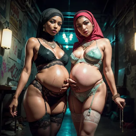 {Perfect Details: (((2 girls:1.5, girls artsy women))) pregnant 9 month (((perfect pregnant))) Malaysian girl ,malay, The whole body consists of a young girl with hijab, Eye makeup, 21yo, Cat ears, Soft lighting, Solo, Wear shabby clothes, Dirty, Tattered ...