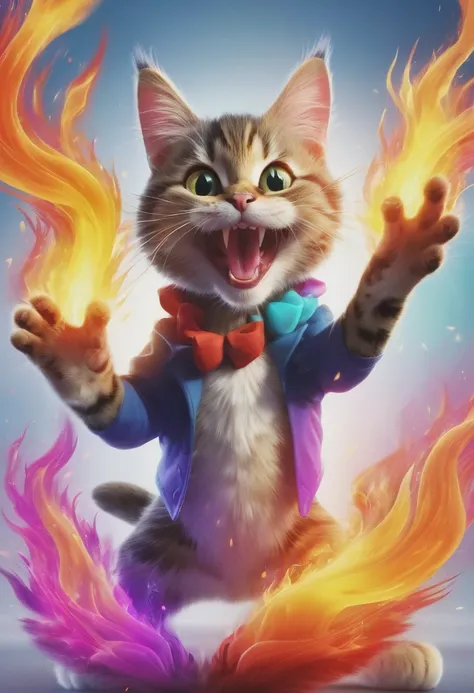 high resolution, masterpiece, 16k, cg, crazy smiling cat, colorful flames emerge from both palms.　red ribbon around the neck