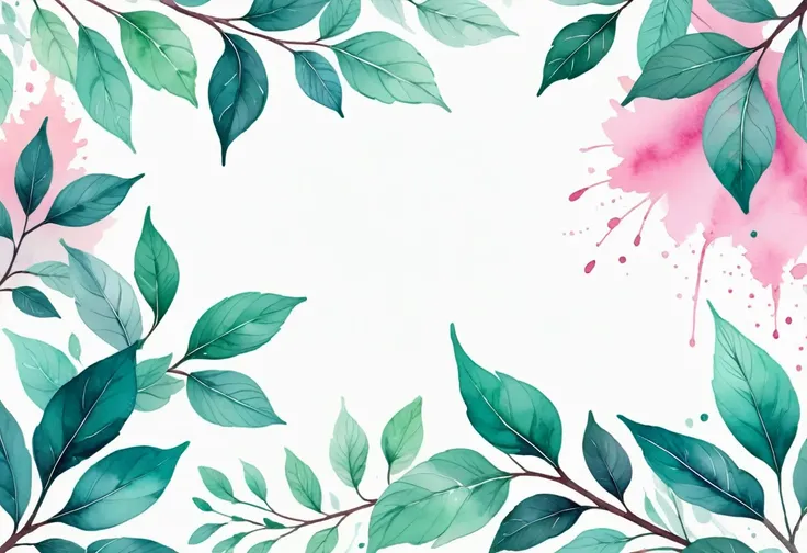 design template, background design, ultra detailed Illustration, long leaves on a branch, white space in the Center, Styles watercolor and ink, detailed strokes, mint, teal and pink color palette, white background,flat design, watercolor splashes, simmetri...