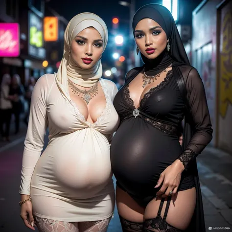 {Perfect Details: (((2 girls:1.5, girls artsy women))) pregnant 9 month (((perfect pregnant))) Malaysian girl ,malay}, The whole body consists of a young girl with hijab, Eye makeup, 21yo, Cat ears, Soft lighting, Solo, Wear shabby clothes, Dirty, Tattered...