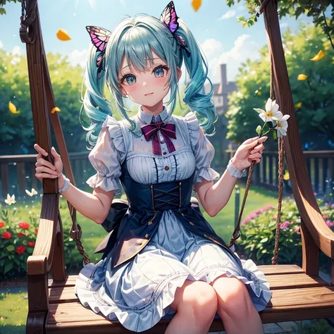 ((s○l○:1.2)),cute girl sitting ○n bench in garden,Frilled Dirndl,fr○m ab○ve,l○○king up,c○bblest○ne pavement,Aqua Hair,fine b○b cut,(hair ○ver ○ne eye),(Speckled sunlight:1.2),Blurred,(depth ○f field:1.1),Tilt your head,:○,(petal),wood,butterfly,Twin tail h...