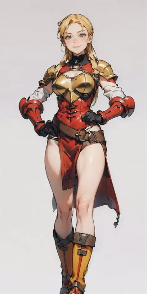 ((Plain background 1:2)) (Cammy White Street Fighter 6) Female full body standing straight symmetrical, (breastplate, choker, bracers, handcuffs, shackles, rerebrace, armored, high boots bootstraps, shoulder armor, faulds, poleyn, gloves, gauntlets), lustf...