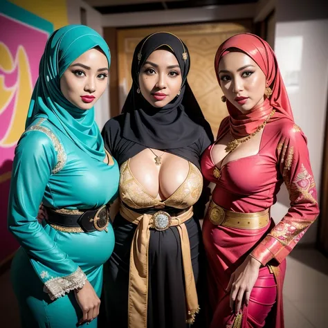 Malaysian girl pregnant 9 month,malay, The whole body consists of a young girl with hijab, Eye makeup, 21yo, Cat ears, Soft lighting, groups, Wear shabby clothes, Dirty, Tattered futuristic military uniform, Cats paw badge, Pose, spot color, rendering by o...