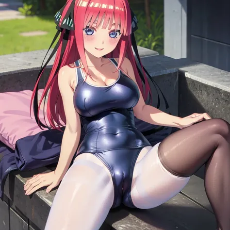 best quality, ultra-detailed masterpiece, anime art style, cute characters, nino nakano, one-piece swimsuit, large breasts, pantyhose, blush, smile, pussy focus