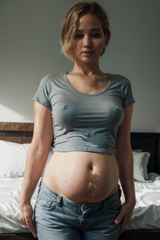 jennifer lawrence, gray graphic t-shirt, jeans, (huge pregnant belly), short blonde hair, dark lit bedroom, blue eyes, j3nn1f3rl-v2