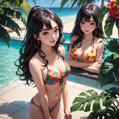 girl、(((one person)))、(Tropical print bikini:1.3、Face Enhancement:1.3, )、14 years old、Detailed Hair、Black Hair、Long Hair、highest quality、Super detailed、Very detailed、Detailed Background、C cup bust、smile、Resort hotels、Pool、from above