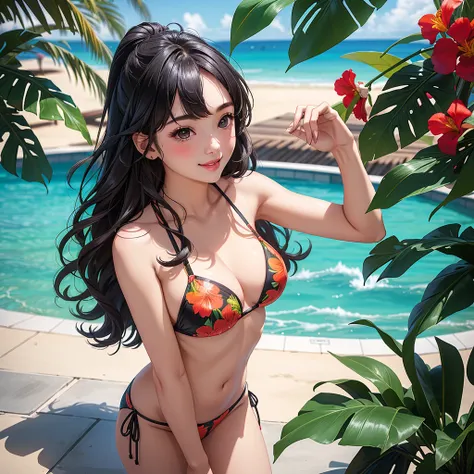 girl、(((one person)))、(Tropical print bikini:1.3、Face Enhancement:1.3, )、14 years old、Detailed Hair、Black Hair、Long Hair、Touching your hair、highest quality、Super detailed、Very detailed、Detailed Background、C cup bust、smile、Resort hotels、Pool、from above