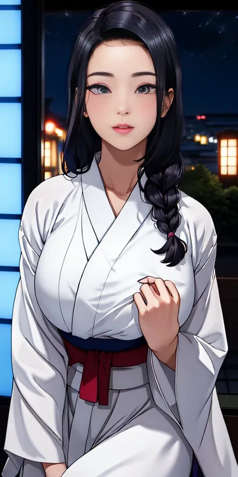 (night:1.7), Japan, Tokyo, City view, in front of the window,
looking at the viewer, (fascinating look:1.2), Happy, 笑face,
(white_kimono:1.3),cleavage,
black_hair, length_hair, hair_pulled_return,Broke up_lips,purple_eye, Braid,
1 girl, 24-years-old,mature...