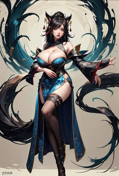 Entering the Field of Traditional Chinese Art，This issue shows a traditional Chinese ink painting，Depicting the latest fashion look for the League of Legends character Ahri. ( Huge breasts:1.5), (cleavage top:1.3), The artist&#39;s brushstrokes combine the...