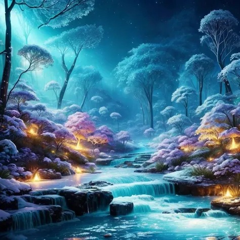 tmasterpiece，Best quality at best，high high quality，extremely detaile，8K，Fantastic snow and ice jungle，ice witch，Colorful ice magic，glowing sprites，Natural elements in the forest theme，Colorful snow and ice jungle，Epic fantasy art style，Delicate leaves and...