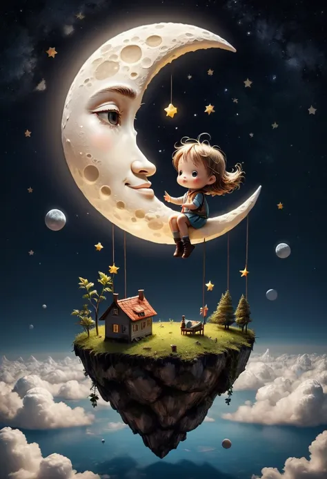 cute moon Floating high in the air, chibi, (masterpiece, best quality, Professional, perfect composition, very aesthetic, absurdres, ultra-detailed, intricate details:1.3), by joel robison