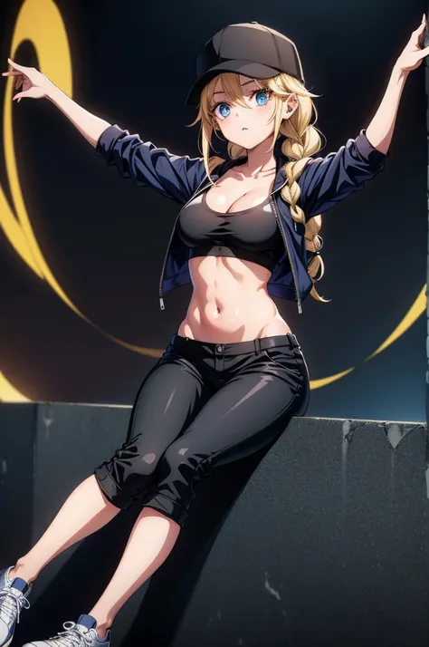 a cartoon character in black cap, black pants, black shoes standing with arms hanging down, 1girl, hat, solo, blue eyes, braid, twin braids, blonde hair, breasts, arms up, sitting, navel, shoes, baseball cap, sneakers, cleavage, long hair, looking at viewe...