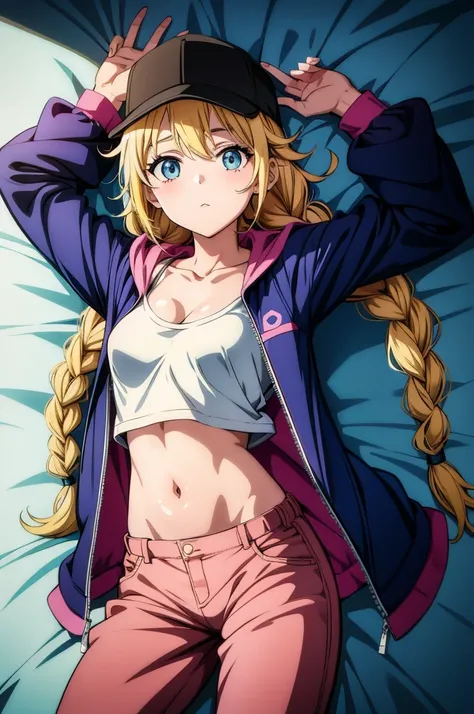 the anime female anime female anime female and anime female is on a bed with a headband on, 1girl, solo, twin braids, hat, braid, blue eyes, blonde hair, breasts, navel, long hair, arms up, baseball cap, jacket, open clothes, cleavage, midriff, looking at ...