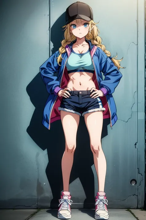 an anime style photo with a cartoon girl in a sports shirt standing against a wall and hands on hips, 1girl, solo, blue eyes, hat, blonde hair, jacket, sneakers, sports bra, navel, braid, breasts, shorts, shoes, baseball cap, twin braids, looking at viewer...