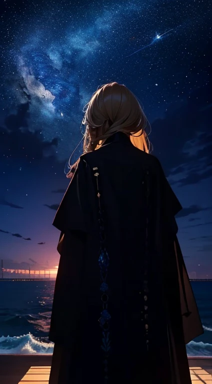 １people々々々々々々々々々々,Blonde long-haired woman，Long coat， Dress Silhouette， Rear View，Space Sky, The boundary between sea and space，