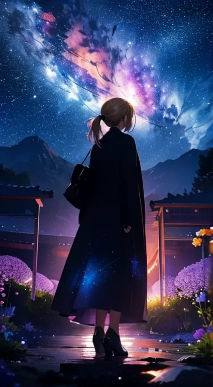 １people々々々,Blonde ponytail woman，Long coat， Dress Silhouette， Rear View，Space Sky, Cosmos Flower Garden，Multicolored cosmos