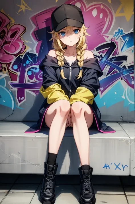 a girl with long blonde hair sitting on a bench next to graffiti, 1girl, solo, blue eyes, blonde hair, braid, long hair, hat, baseball cap, black headwear, graffiti, twin braids, looking at viewer, black footwear, sitting, jacket, off shoulder, hood