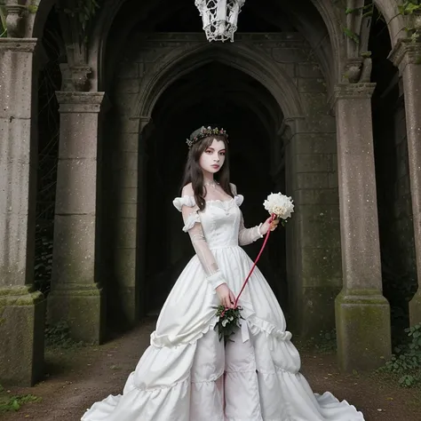 A beautiful girl,wearing a dress of white roses at the entrance of a gloomy castle in a forest accompanied by her long black pet with red eyes