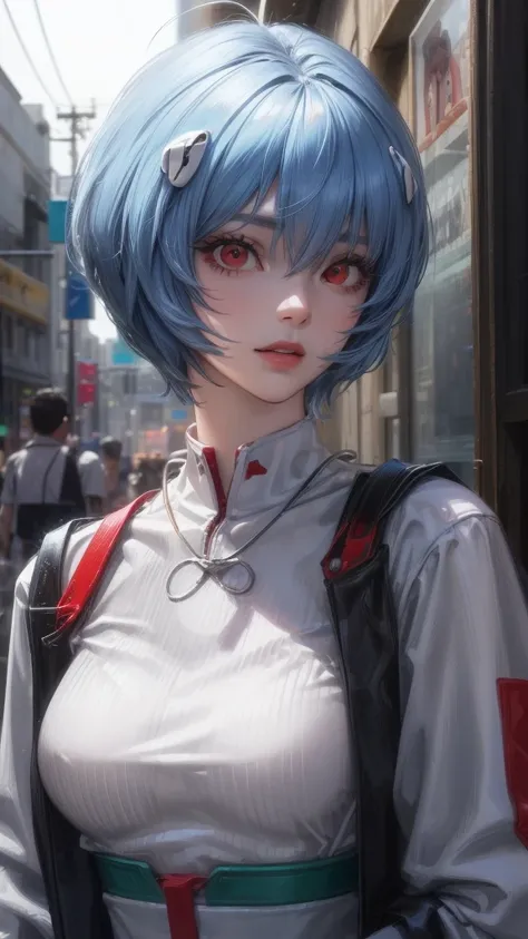 reiayanami, rei ayanami, blue hair, short hair, (red eyes:1.5), ultra realistic, REALISTIC, Ultra detailed, More detailed, Japan city scenaries. Random scenaries japan, Casual Outfit, BREAK outdoors, city, BREAK looking at viewer, BREAK (masterpiece:1.2), ...