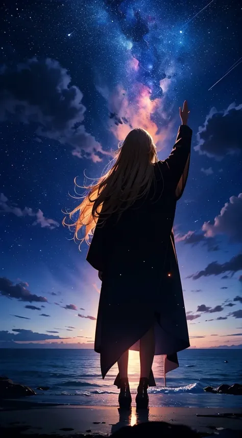 １people々々々々々々々々々々々,Blonde long-haired woman，Long coat， Dress Silhouette， Rear View，Raise your arm to grab something，Space Sky, The boundary between sea and space，