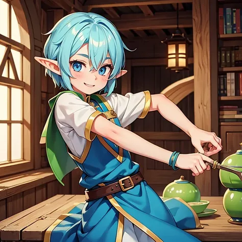 Beautiful, high quality, an elf boy around 15 years old, twink body, blue eyes, cute face, short messy jade hair, looking at the camera, smiling, wearing a medieval style clothes.