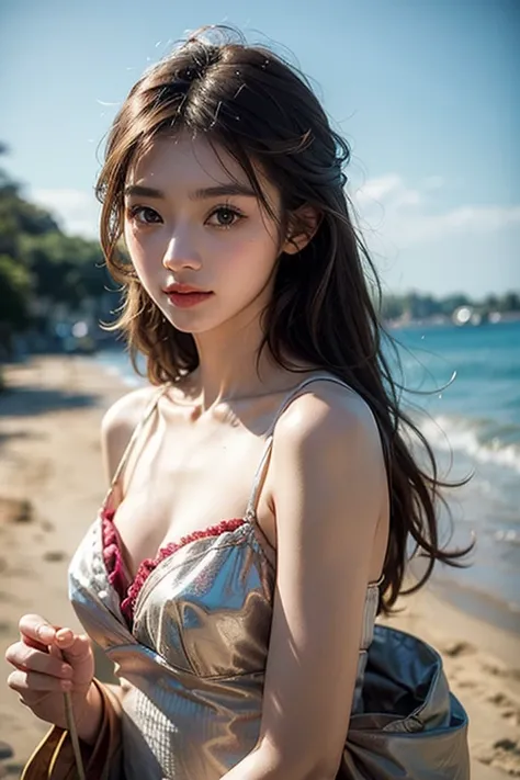 masterpiece、8K、32K、top-quality、(A detailed eye)、(A cute Japanese woman、bangss)、18years old、1 girl in、elegent、(Detailed background depiction)、Cheerful, steampunk、clear、whole body、beachfront 