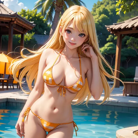 girl、(((one person)))、(((solo)))、14 years old、Blonde、Long Hair、Touching your hair、(Orange checkered micro bikini:1.3、Face Enhancement:1.3, )、Detailed Hair、cowboy shot、highest quality、Super detailed、Very detailed、Detailed Background、C cup bust、smile、Resort ...