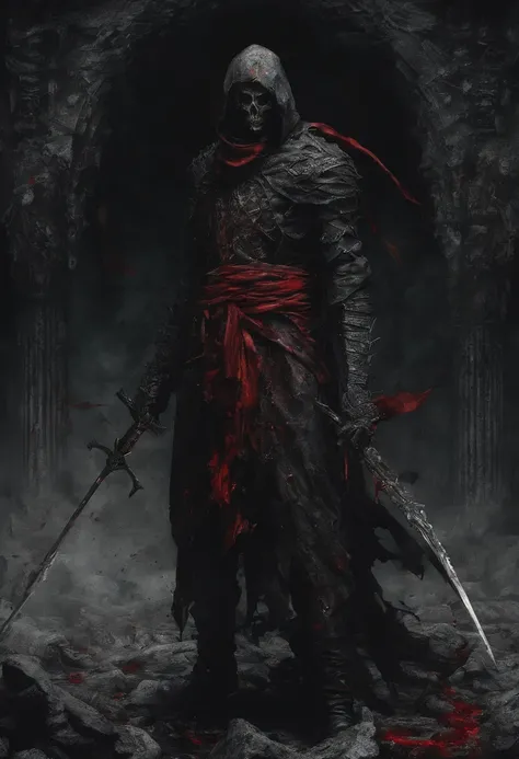 Dark swordsman with a red spear、Red scarf，A ruined world，