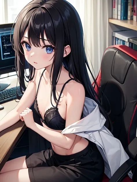 ((high quality)), ((masterpiece)), 8k,1 girl,bra,panties,Slender,Small breasts,Black hair,Long Hair,Computer on the desk,Gaming Chair,