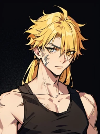 concept art versions face , human male young age , yellow  hair,burn scar half face , very long hair , tank top